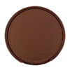 A brown leather coaster with decorative stitching, part of a set of six. It features a circular design and includes branding.