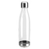 A drink bottle made of clear plastic with a stainless steel top and bottom. Features a sleek, modern design.