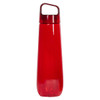A drink bottle in a bright red colour with a transparent body and a handle. It features a logo on the side.