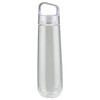 A drink bottle in a clear, transparent design with a simple handle and a screw-on lid, featuring a logo.
