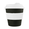 A reusable coffee cup in black and white with a ribbed design and a lid featuring a logo.