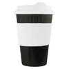 A reusable coffee cup featuring a white lid and a black body with a white band, designed for eco-friendly use.