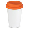A drink bottle featuring a white body and an orange lid, designed as a reusable coffee cup.