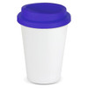 A reusable coffee cup featuring a white body and a purple silicone lid. It includes a logo.