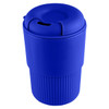 A reusable coffee cup in vibrant blue, featuring a ribbed base and a secure lid. It has a logo on the side.