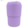 A reusable coffee cup in a soft purple colour with a ribbed texture and a lid. It features a logo.