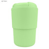 A drink bottle in light green silicone with ribbed detailing and a secure lid. It features a logo on the side.