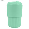 A drink bottle in light blue, featuring a textured grip and a lid, includes a logo on the surface.