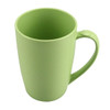 A green bamboo mug with a handle, featuring a simple design and a smooth finish. It has a logo on the side.