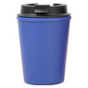 A drink bottle in blue with a black lid, designed as a reusable coffee cup. It features a branding logo.