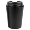 A reusable coffee cup in matte black, featuring a lid and a branding logo. Ideal for eco-friendly drinkware.
