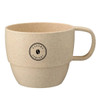 A reusable coffee cup made from wheat straw, featuring a beige colour and a handle, with a logo on the front.