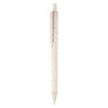 A white eco-friendly plastic pen with a clip. The pen has a textured finish and features a branding logo.