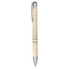 A pen with a natural cork body and silver chrome accents, featuring a logo on the side.