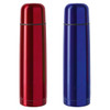 A drink bottle set featuring a red and a blue stainless steel thermos, both with a sleek design and a logo.