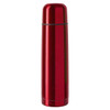 A drink bottle with a sleek, shiny red finish, featuring a simple design and a logo.