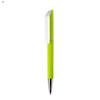 A green plastic pen with a white clip and textured grip, featuring a shiny silver nib and a branding logo.