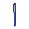 A blue plastic pen with a sleek design and a clip, featuring a logo on the barrel.