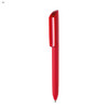A red plastic pen with a sleek design and a logo on its body.