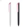 Two plastic pens are displayed, one in white with a pink clip and the other in black with a pink clip. Both feature branding.