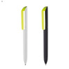 Two plastic pens: one white with a bright green cap and one black with a bright green cap, both with branding.