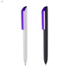 Two plastic pens are displayed, one white with a purple clip and the other black with a purple clip. Both have a logo.