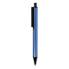 A metal pen in a sleek blue colour with a black clip and a retractable tip. Features a logo on the barrel.
