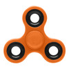 An orange fidget spinner with black bearing caps, featuring a central circular hub and three smooth arms.