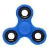 A blue fidget spinner with black bearings, featuring a three-pronged design. It has a logo on one side.