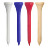 A set of four golf tees in white, blue, red, and natural wood colour, with a logo on some.
