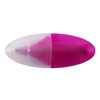 A mini highlighter featuring a pink body and a transparent cap, with a sleek oval shape. It has branding on the surface.