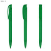 A set of three green plastic pens with clips and smooth barrel designs, featuring a logo on the side.