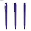 A transparent purple plastic pen featuring a clip and retractable tip, displayed from multiple angles.