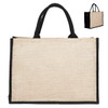 A jute bag in natural beige with black handles, featuring a simple design and a logo.