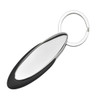 A sleek, oval key ring with a shiny silver surface and a black rubber grip. It features a metal key ring attachment.
