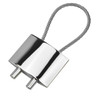 A silver key ring with a sleek design and a sturdy cable attachment. It has a logo on the surface.
