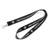 A black polyester lanyard featuring a logo and text, measuring 10mm in width.