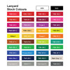 A grid displaying various lanyard stock colours, including shades like white, black, purple, orange, and reflex blue.