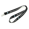 A black polyester lanyard featuring a logo and text, designed for exhibitions and events.