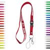 A red polyester lanyard with a clip attachment and plastic buckle, available in multiple colours.
