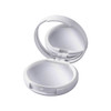 A white lip gloss container with a mirror inside, featuring a smooth, rounded design and a secure clasp.