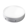 A round, white lip gloss container with a built-in mirror. Features a smooth, minimalist design.