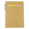 A sticky note pad in a brown cover featuring five colourful tabs in yellow, green, pink, and blue, with a black pen.