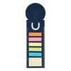A navy bookmark ruler featuring sticky note pads in various colours, with a circular top and measurement markings.