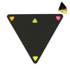 A triangular sticky note pad in black with neon pink, green, and orange corner accents. Features a small logo.