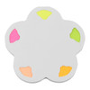 A floral-shaped sticky note pad in white, featuring bright pink, yellow, green, and orange sections. It has a logo.