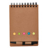 A spiral-bound notepad in brown with a black pen and four colourful sticky note dots at the bottom.