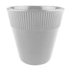 A plastic cup in white, featuring a ribbed texture on the upper half and a smooth lower half.