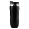 A coffee mug in ebony with a sleek, curved design and a metallic band near the rim. The mug has a lid and a logo.