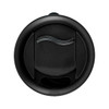 A black coffee mug with a curved lid design, featuring a logo on the surface.